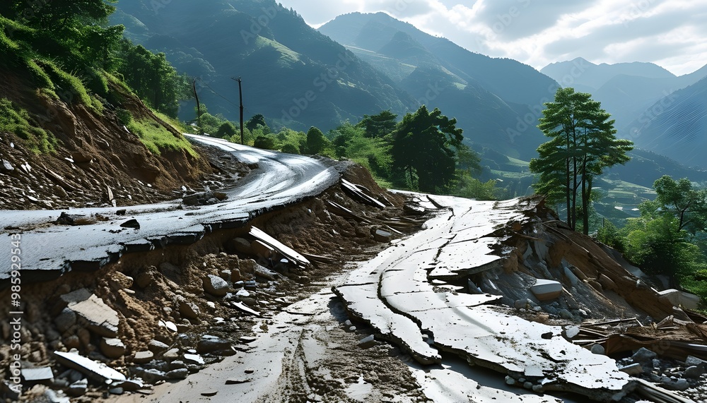 Wall mural devastating landslide erasing rural road and surrounding landscape