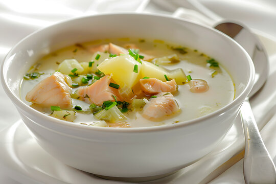 Smocked leek fish and potato soup in a white ceramic bowl