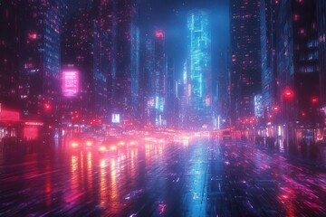 futuristic cityscape of new york with holographic network interfaces and data streams flowing between skyscrapers in neon blue and purple hues