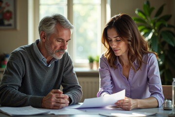 elder man with woman discussing holding paper at room, generative AI