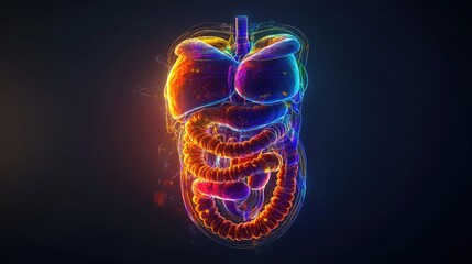 Human digestive system with colorful organs highlighted, stomach, intestines, liver, detailed texture and lighting, isolated on black, [digestive system], [anatomy illustration] 