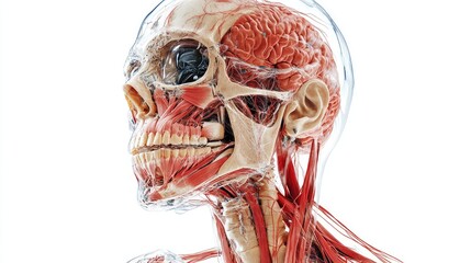 Skeletal system with muscles, tendons, and nerves exposed, artistic illustration with transparent layers, scientific accuracy, [musculoskeletal anatomy], [body structure] 
