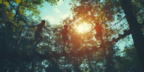 Obraz premium Nature's Playground: Children run and jump across a rope course through the treetops.
