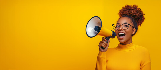 Happy young Black woman in yellow sweater,  announcing sale offers through a megaphone, isolated on a yellow background with copy space. Screaming into the megaphone. Studio portrait.