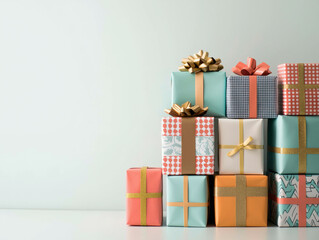 A stack of beautifully wrapped gift boxes in pastel colors and unique patterns, adorned with golden and coral bows. The soft tones and designs create a charming and elegant presentation.