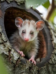 Curious Possum Peeking from Tree Hollow