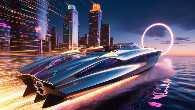 A futuristic speedboat races through a neon city, sleek design trailing sparkling lights behind it