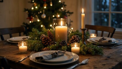 Cozy rustic tablescape with candlelight, pine branches, and a decorated Christmas tree.
