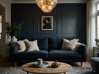 Cozy Scandinavian living room with a navy sofa and warm lighting.