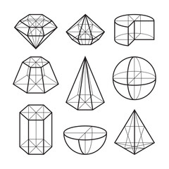 Drawings of different shapes. Set of geometric figures pyramid, sphere, hemisphere, crystals of different shapes. In graphic style of line art. Black and white vector illustration