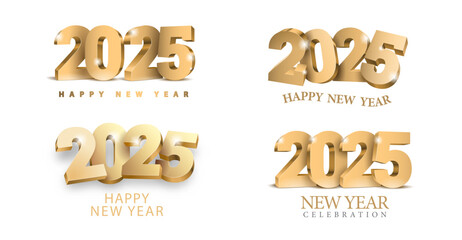 Set of Happy New Year 2025 designs made of elegant 3d gold numbers on clean white background. Minimalist design for New Year 2025 celebration. Vector