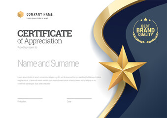 Award certificate with a star design in blue and gold colors. Horizontal template Diploma of modern design or gift certificate. Vector illustration.