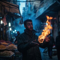 Naklejka premium Street vendor holding fire in his hands at market in india