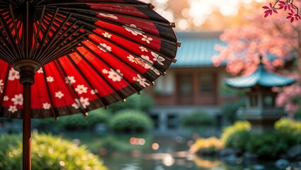 Close-up of Japanese umbrella with cherry blossoms in a tranquil garden setting