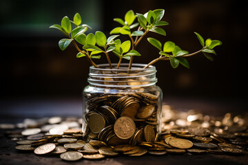 growing plant from glass jar filled with coins. concept wealth building, successful investing, financial literacy