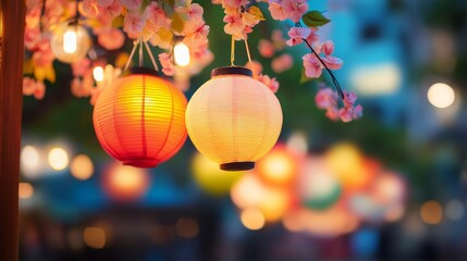 Obraz premium Illuminated Paper Lanterns Hanging from Cherry Blossom Branches