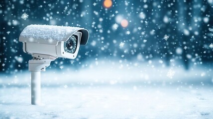 Snow-covered street at night, security camera capturing falling snowflakes, Night, security camera, snow, street