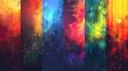 Naklejka premium Abstract city skyline with colorful neon lights and a pixelated background.