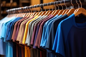 Row of elegant colorful shirts on golden hangers in a boutique