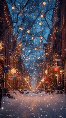 Fototapeta premium A picturesque snowy street adorned with beautiful Christmas decorations and twinkling lights. Perfect for adding a festive touch to any holiday project or advertisement
