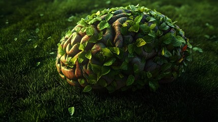 A 3D depicting a human brain covered in a lush vibrant foliage over a serene grassy background  The imagery symbolizes the interconnectedness of the mind with the natural world