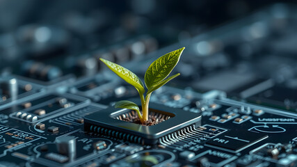 Close-Up of Young Green Seedling Emerging from Futuristic Circuit Board – Symbolizing the Harmony Between Nature and Technology