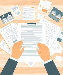 Obraz premium Documents and Hands on a Wooden Desk Background