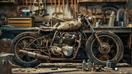 Obraz premium Rusty Motorcycle in a Workshop