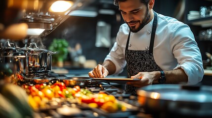 Smiling chef checking recipe on digital tablet in a restaurant kitchen.