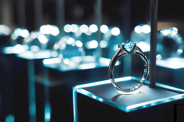 Close-up of a diamond ring displayed in a luxury jewelry store with a bokeh background, highlighting its brilliance and elegance