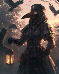 Naklejka premium female plague doctor in a graveyard holding a lantern surrounded by ravens and flying feathers