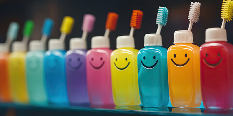 A row of smiling toothbrushes in various colors, displayed on a shelf with dental floss and mouthwash.