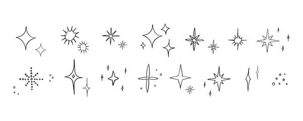 Large set of stars of different shapes in doodle style. Glow. Glitter. Sparkling stars, brilliant flashes of fireworks. Hand draw. Vector illustration