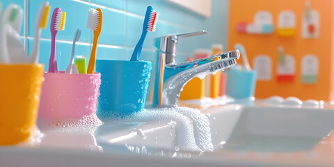 Oral Hygiene Oasis: A sink with fresh, soapy water and toothbrushes at the ready, a colorful tooth chart on the wall.