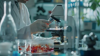 Scientist in lab coat examining microscope with bacteria samples in petri dish, symbolizing disease investigation and medical research
