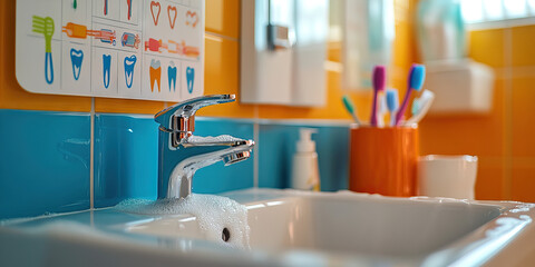 Oral Hygiene Oasis: A sink with fresh, soapy water and toothbrushes at the ready, a colorful tooth chart on the wall.