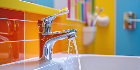 Oral Hygiene Oasis: A sink with fresh, soapy water and toothbrushes at the ready, a colorful tooth chart on the wall.