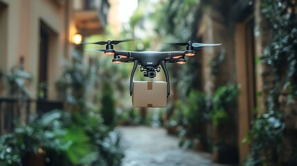 Drone delivering a package of fresh groceries to a doorstep, food delivery, technology in food distribution