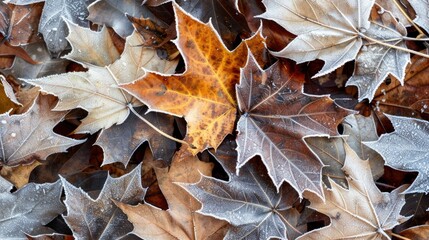 A close-up of frost-covered leaves on the ground