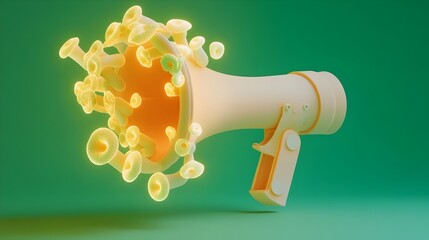 A 3D digital depicts a megaphone covered in luminous glow in the dark fungi against a vibrant green background showcasing a surreal and innovative concept