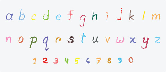 Hand-drawn colored crayons alphabet and numbers, letters alphabet scribbles wax crayons, Children drawling style.