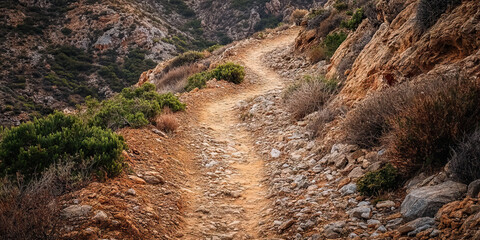 Obraz premium Twisted Path to Redemption: A rocky, winding trail leading up a steep hill, with sparse vegetation.