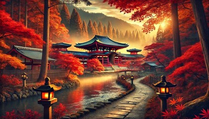 A Magical Autumn Scene in an Ancient Japanese Town: Vibrant Red and Orange Maple Trees Surrounding a Large Temple, a Serene River Reflecting Golden Autumn Colors, and Stone Lanterns