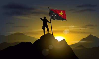 Papua New Guinea Flag hoisted on a mountain peak with a purplish sunset in the background, vector illustration