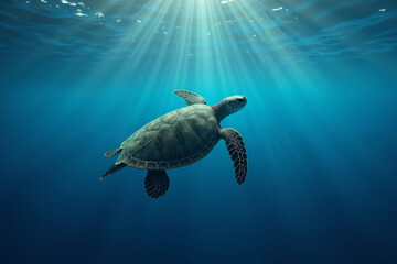 Obraz premium sea turtle in deep dark sea ocean, generative AI