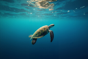 Obraz premium sea turtle in deep dark sea ocean, generative AI