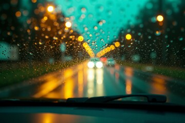 windscreen of car with rain drop water at night, generative AI