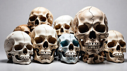A skull creatively rendered in diverse styles on a clean white backdrop, offering unique variations