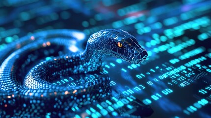 Python programming: A computer screen displaying Python code with a digital snake, symbolizing the power and efficiency of Python as a programming language.