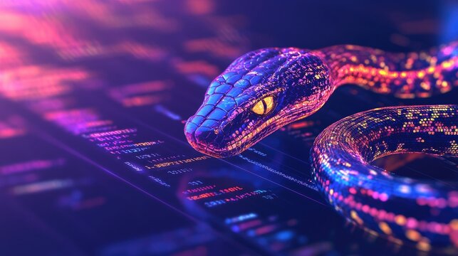 Python programming: A computer screen displaying Python code with a digital snake, symbolizing the power and efficiency of Python as a programming language.